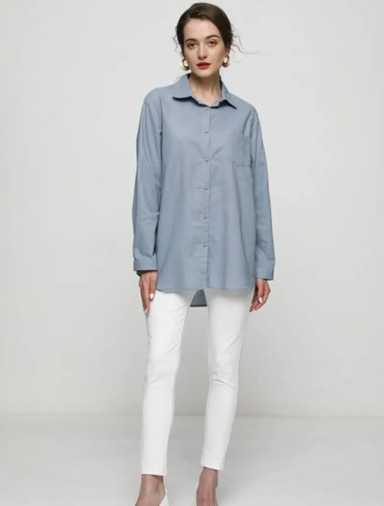 Minibee Women's Linen Blouse High Low Shirt Roll-Up Sleeve Tops