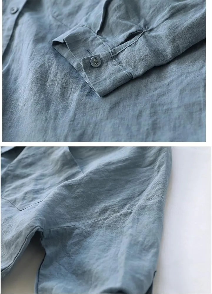 Minibee Women's Linen Blouse High Low Shirt Roll-Up Sleeve Tops