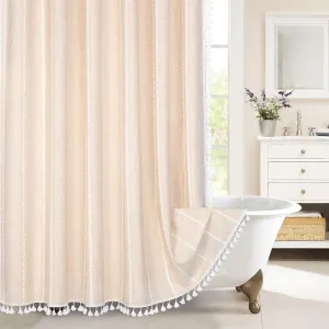 MitoVilla Beige Boho Farmhouse Shower Curtain, Cream Modern Cotton Linen Fabric Shower Curtains for French Country Bathroom Decor, Retro Tassel Thick Cloth Shower Curtain, 72 x 72