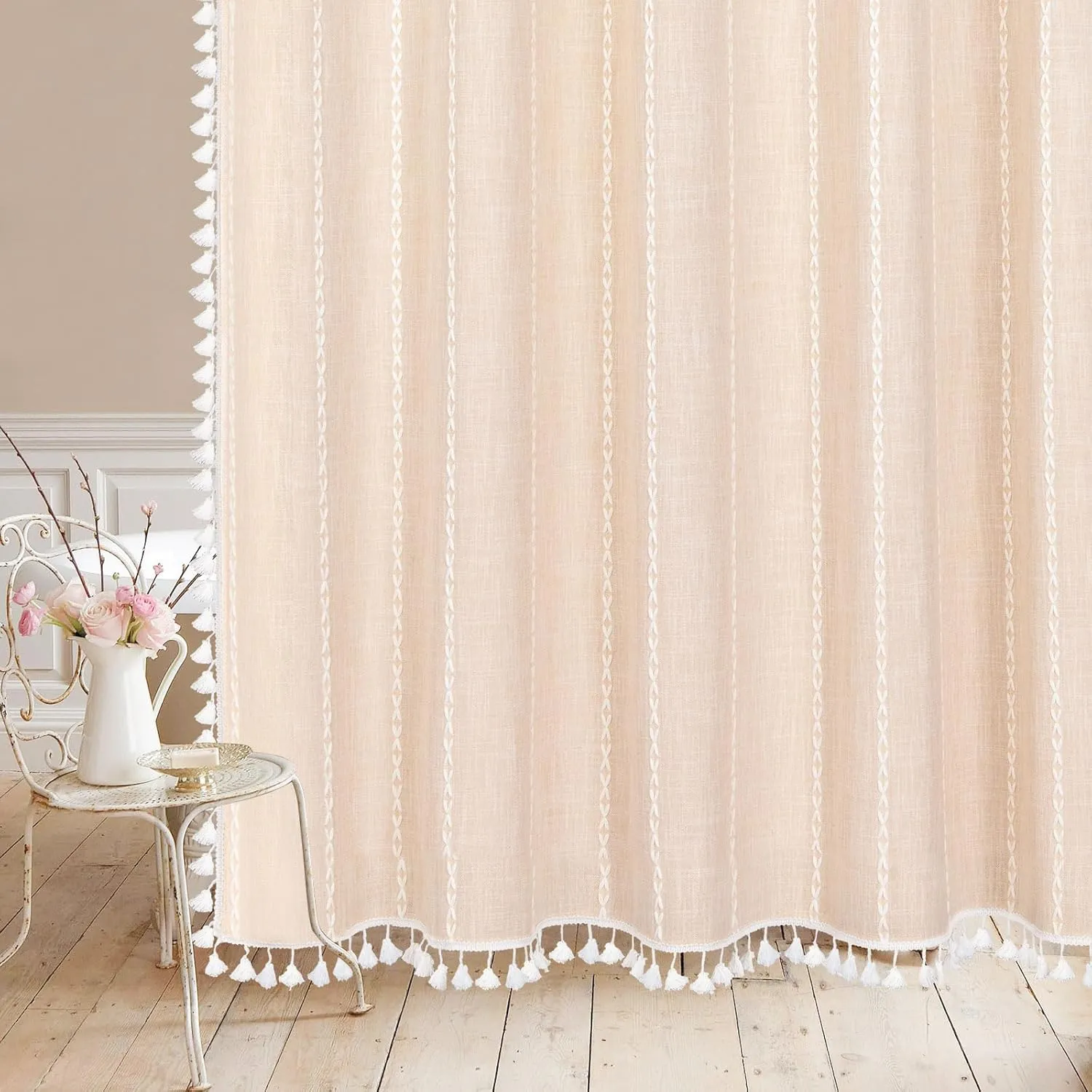 MitoVilla Beige Boho Farmhouse Shower Curtain, Cream Modern Cotton Linen Fabric Shower Curtains for French Country Bathroom Decor, Retro Tassel Thick Cloth Shower Curtain, 72 x 72