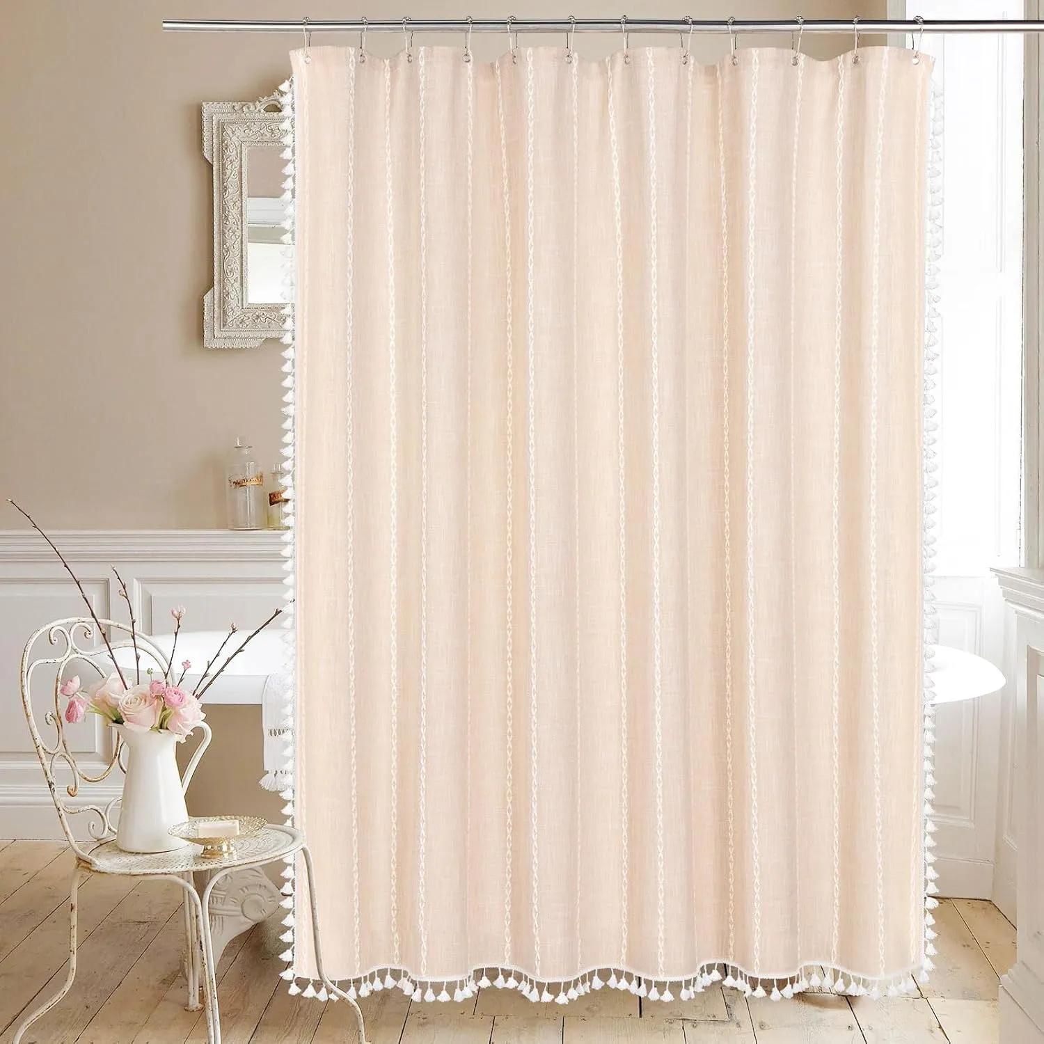 MitoVilla Beige Boho Farmhouse Shower Curtain, Cream Modern Cotton Linen Fabric Shower Curtains for French Country Bathroom Decor, Retro Tassel Thick Cloth Shower Curtain, 72 x 72