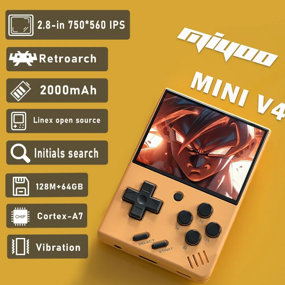 Miyoo Mini V4 Retro Game Console, Portable Handheld Game Console with Storage Case 2.8''HD Screen 2000mah Battery, Support RTC, Yellow
