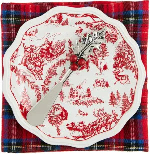 Mud Pie Toile Appetizer Set, plate 6 1/2" dia | towel 26" x 16 1/2", RED