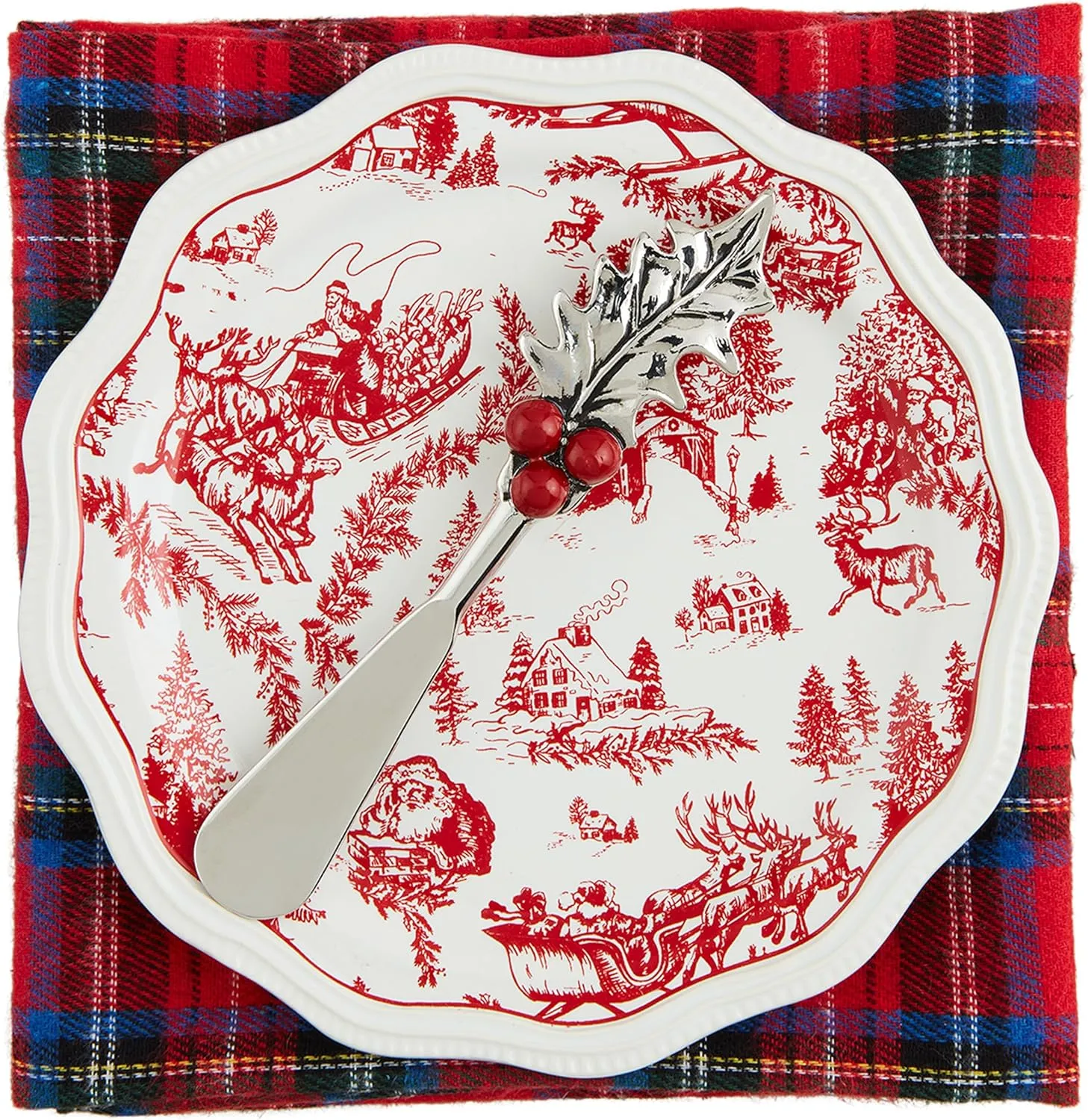 Mud Pie Toile Appetizer Set, plate 6 1/2" dia | towel 26" x 16 1/2", RED
