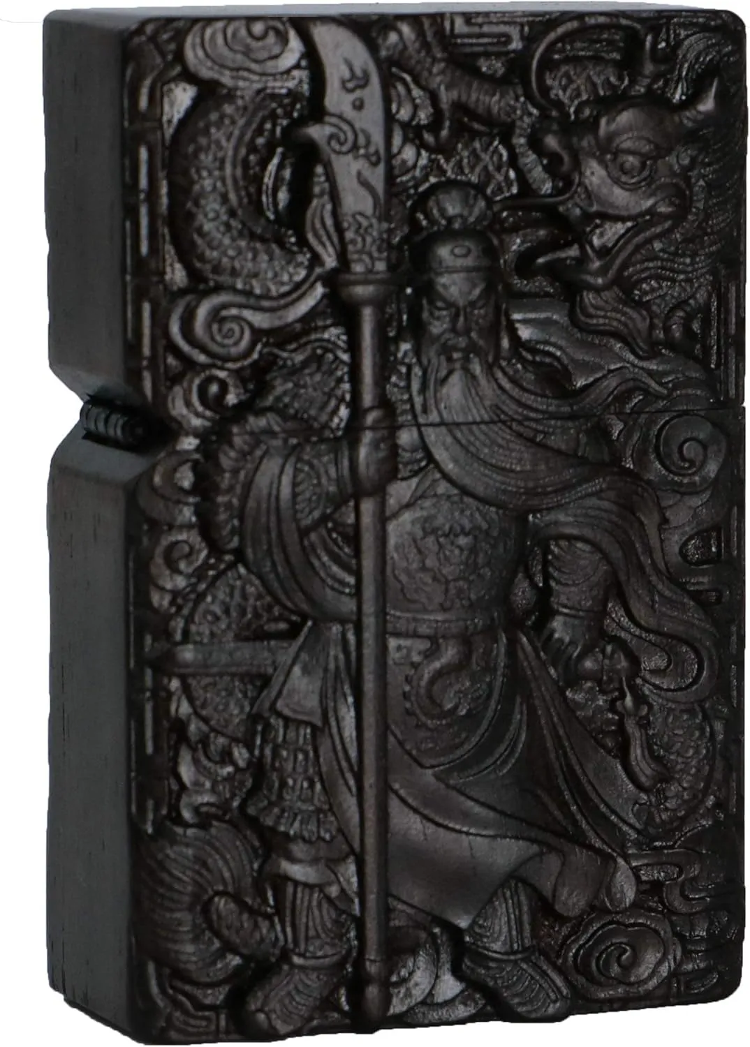 Natural Ebony Black Wood Carved Lighter Shell Box For Zippo Module (Guan Gong Yu Warrior Dragon)