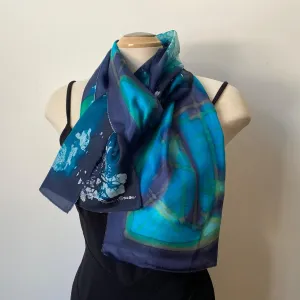 Navy and green batik silk scarf, hand painted, art to wear