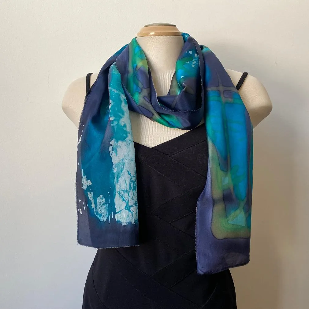 Navy and green batik silk scarf, hand painted, art to wear