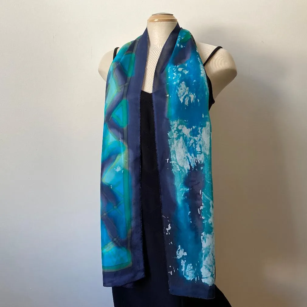 Navy and green batik silk scarf, hand painted, art to wear