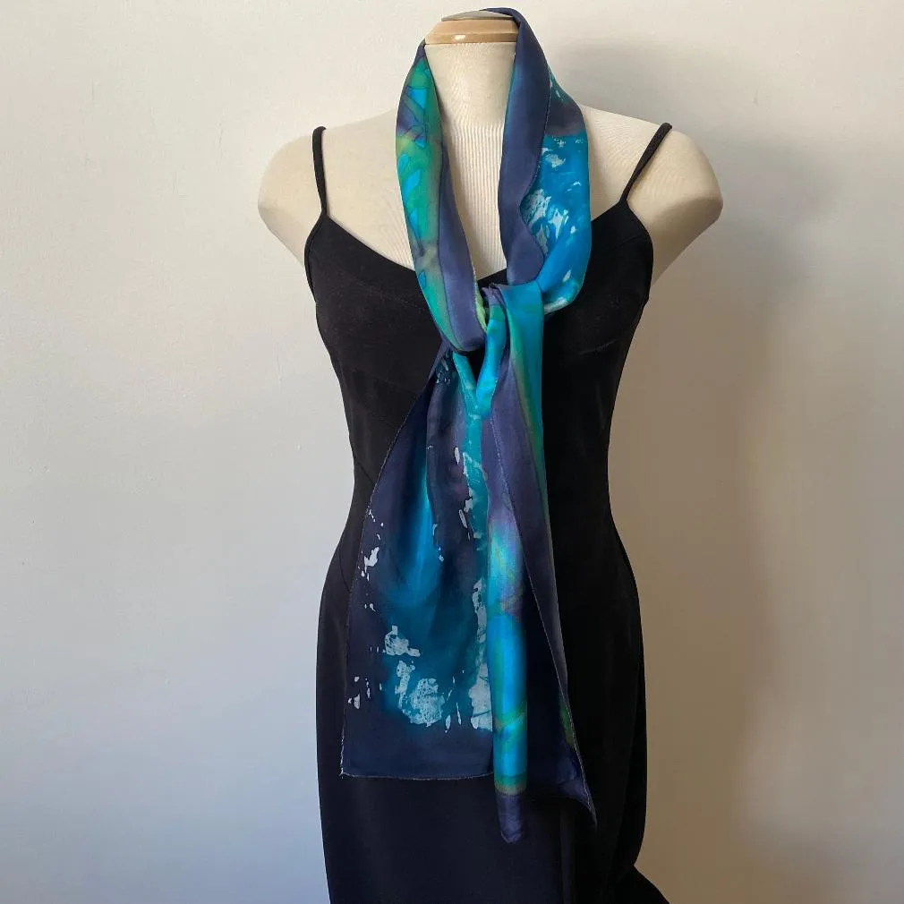 Navy and green batik silk scarf, hand painted, art to wear