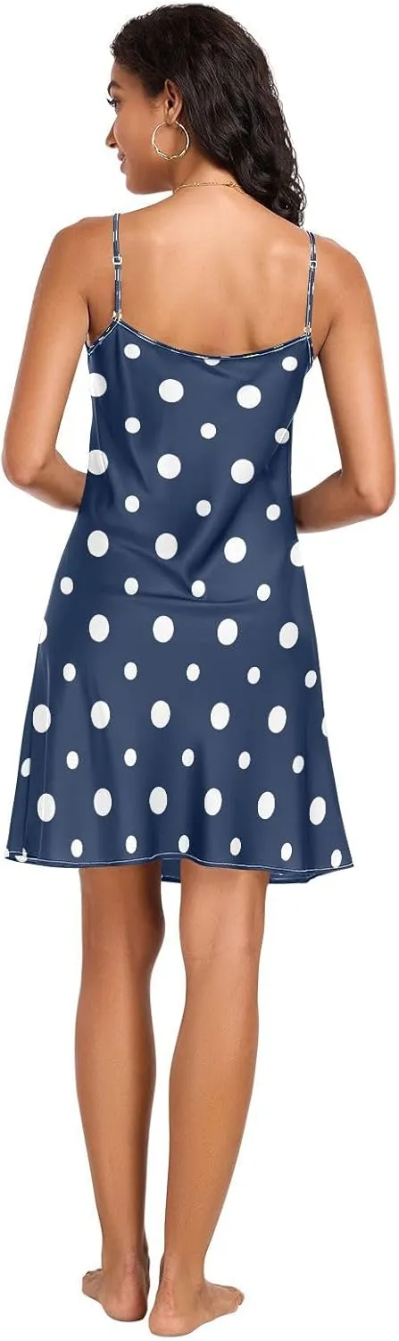 Navy Blue Polka Dots Lingerie Slip Dress, Adjustable Spaghetti Strap V Neck Summer Night Gowns for Women, S