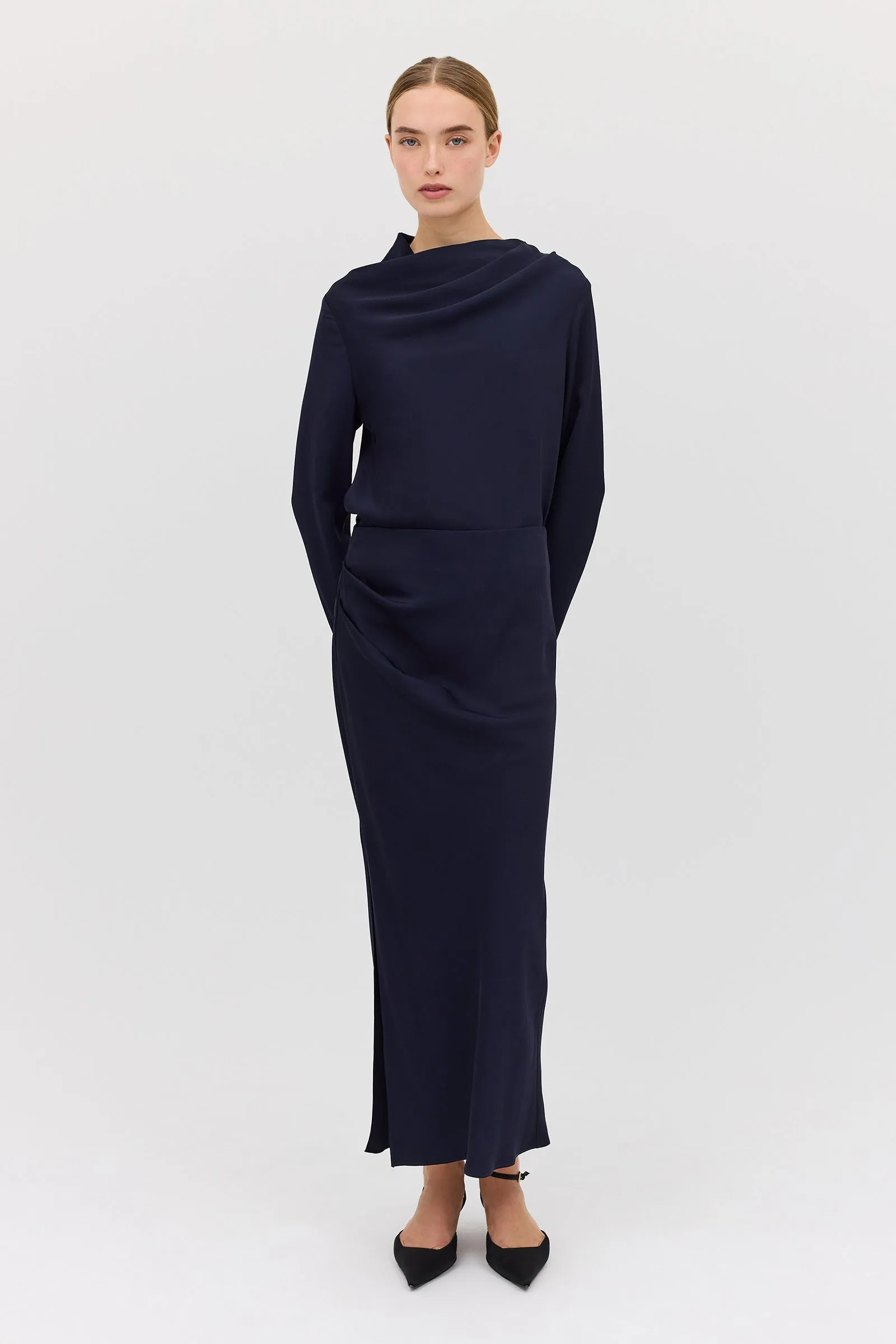 NAVY SATIN CREPE AMITY SKIRT