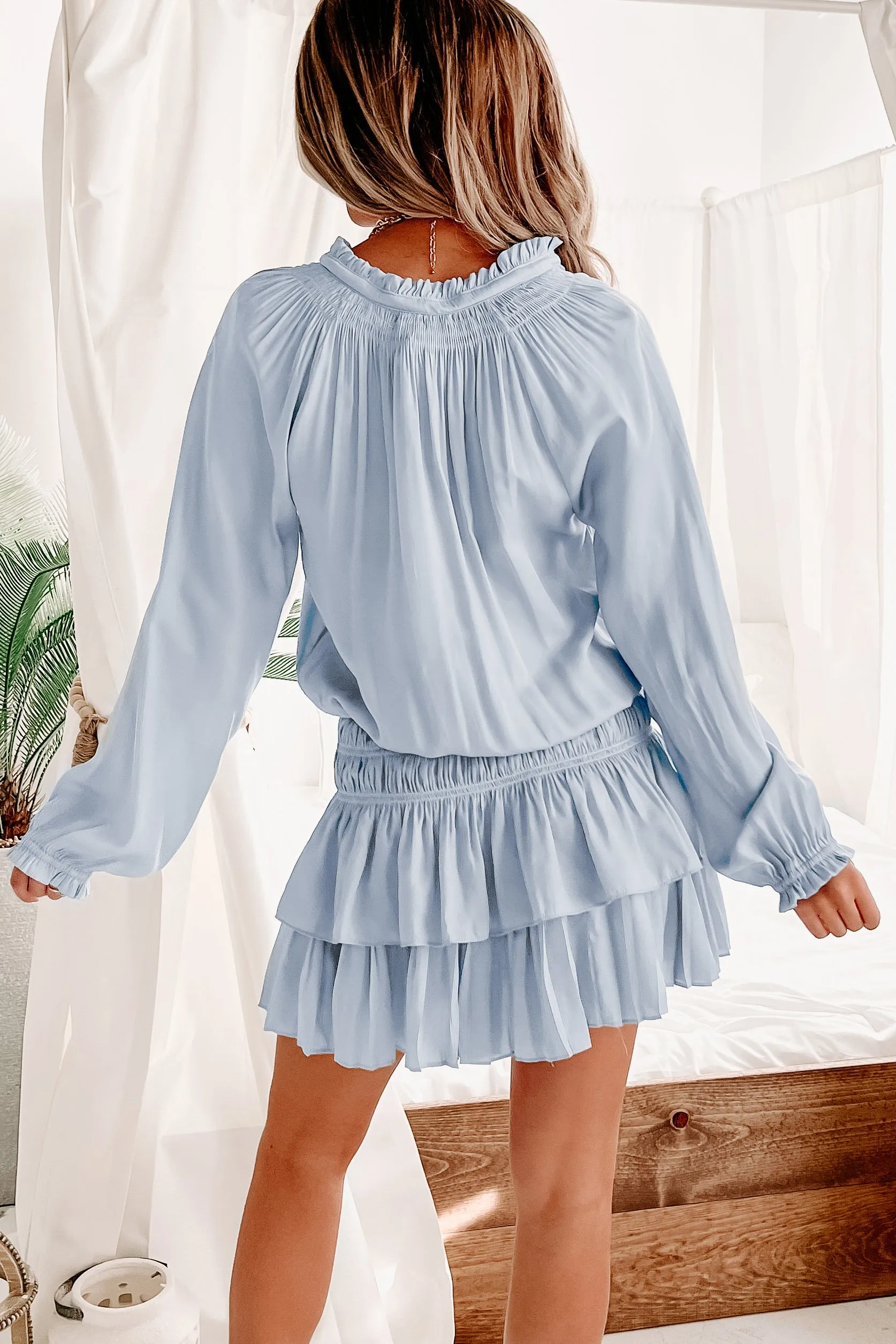 Nilah Tiered Long Sleeve Mini Dress (Misty Blue)