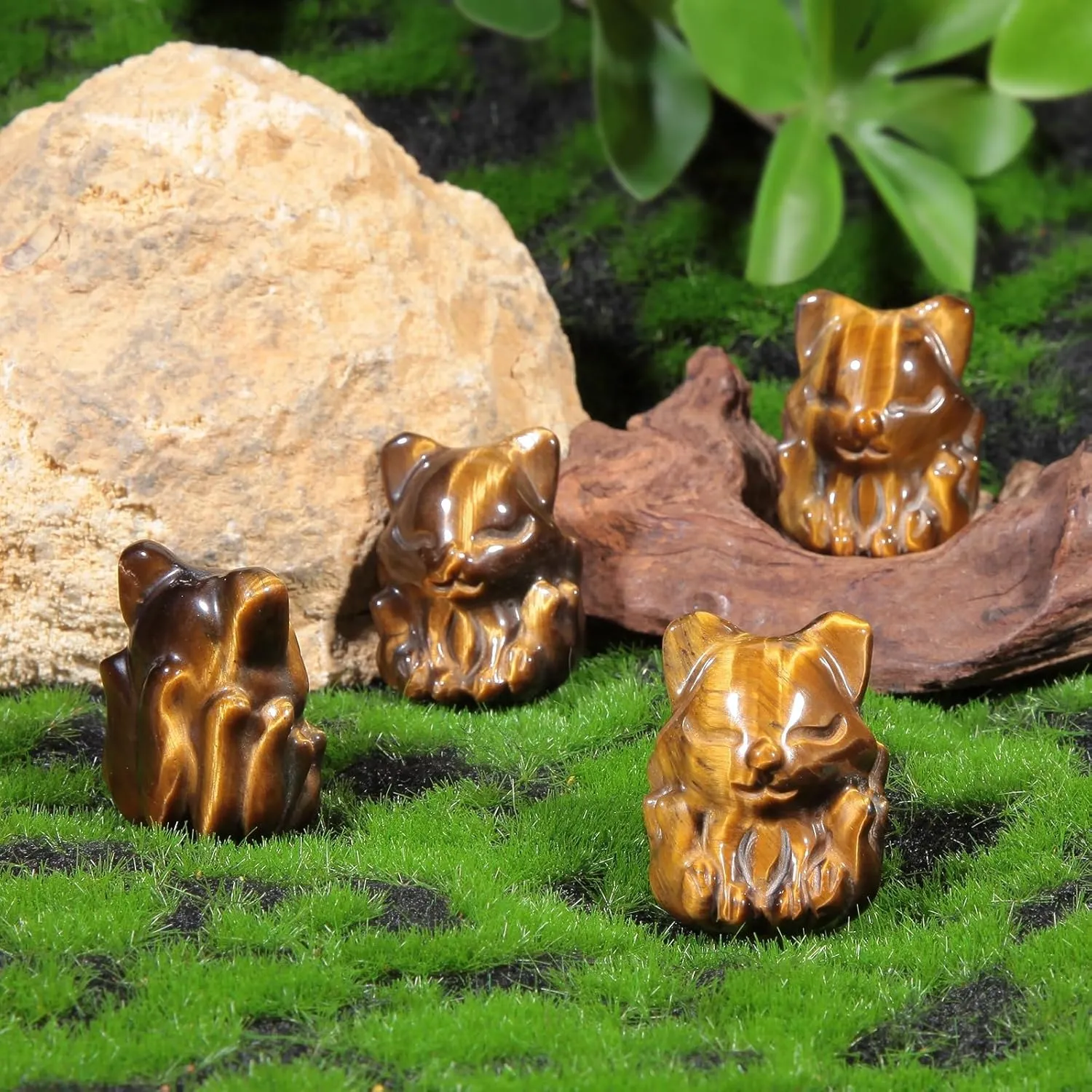 Nupuyai Pack of 2 Tiger's Eye Stone Nine Tailed Fox Statue, Carved Animal Stone Figurine Sculpture Crystal Collectible Decor Home Office Mediation
