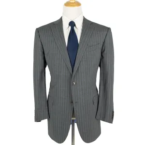 NWOT Zegna Milano Grey Blue Wool Striped Dual Vents Top Stitch 2Btn Suit 48L