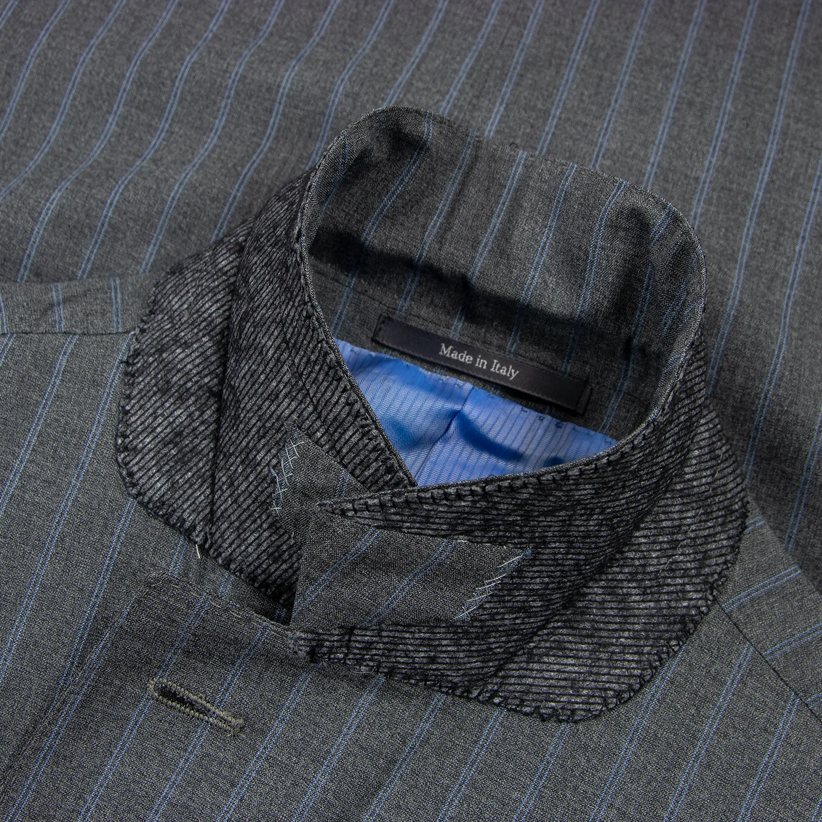 NWOT Zegna Milano Grey Blue Wool Striped Dual Vents Top Stitch 2Btn Suit 48L