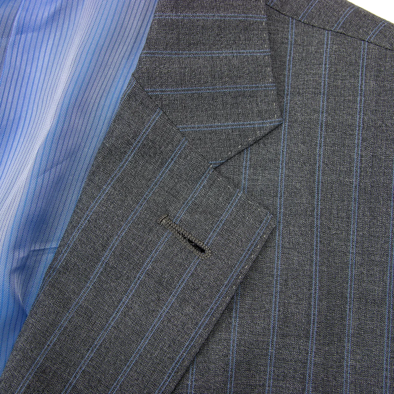 NWOT Zegna Milano Grey Blue Wool Striped Dual Vents Top Stitch 2Btn Suit 48L
