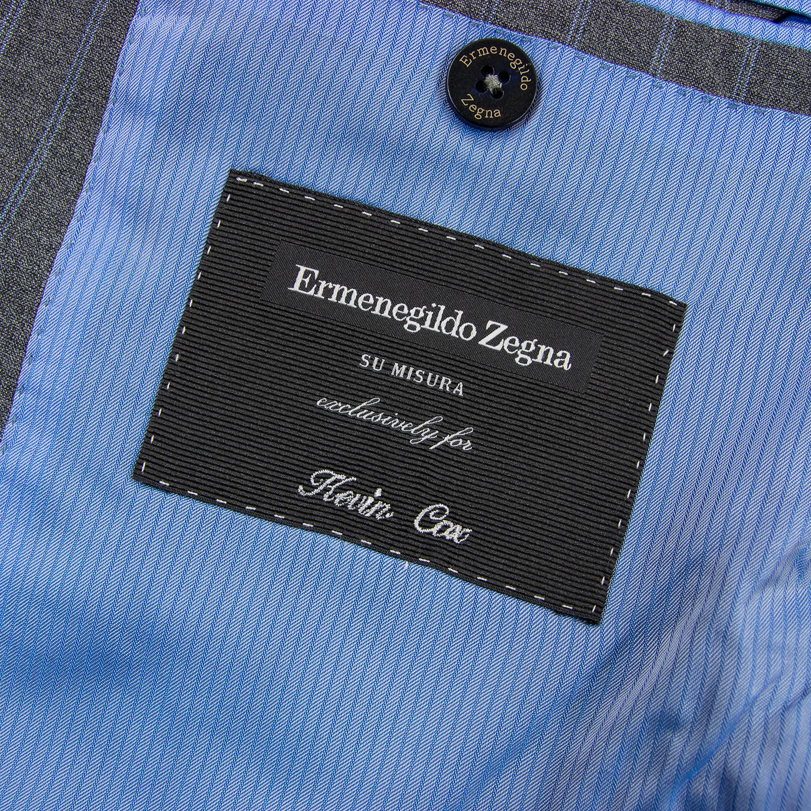 NWOT Zegna Milano Grey Blue Wool Striped Dual Vents Top Stitch 2Btn Suit 48L