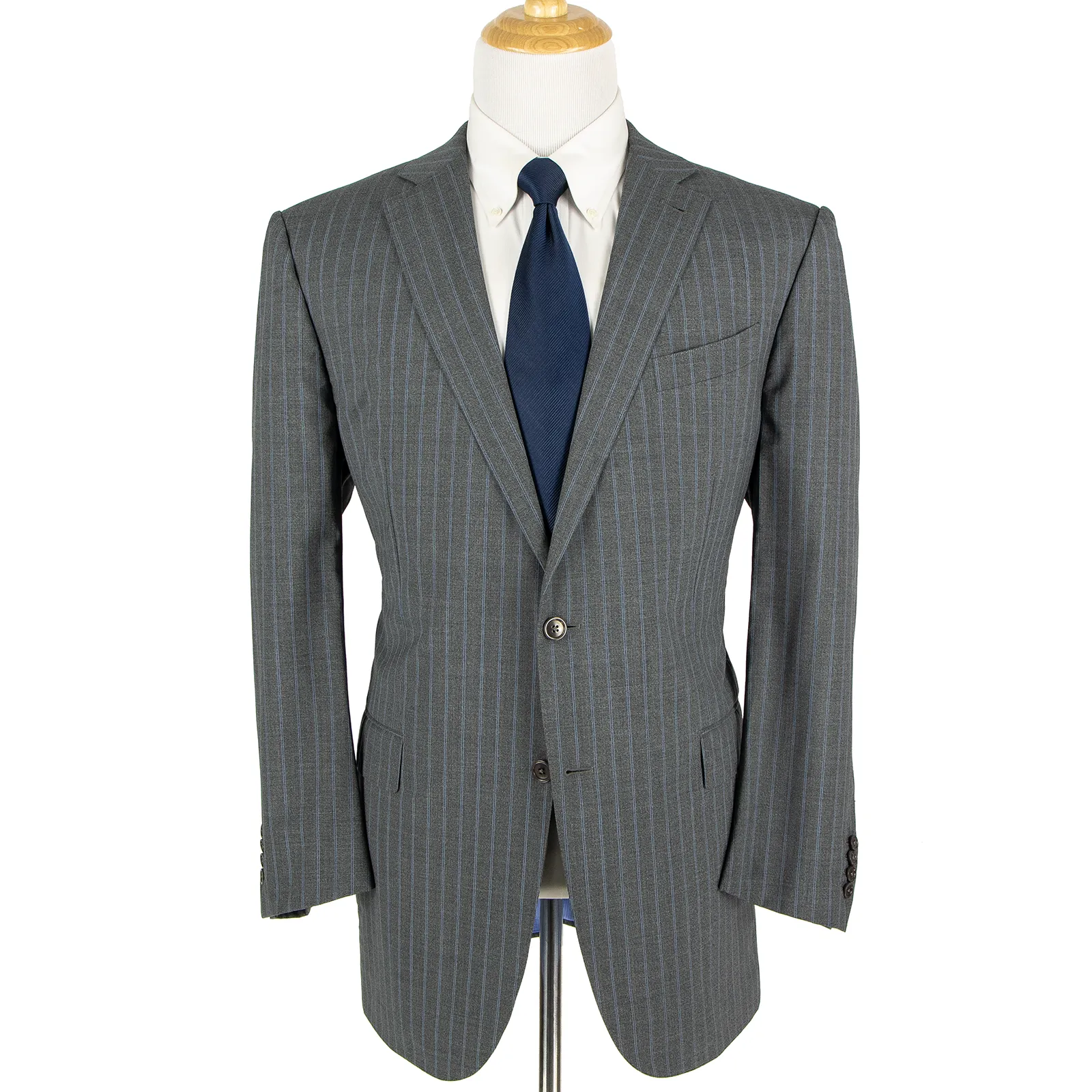 NWOT Zegna Milano Grey Blue Wool Striped Dual Vents Top Stitch 2Btn Suit 48L