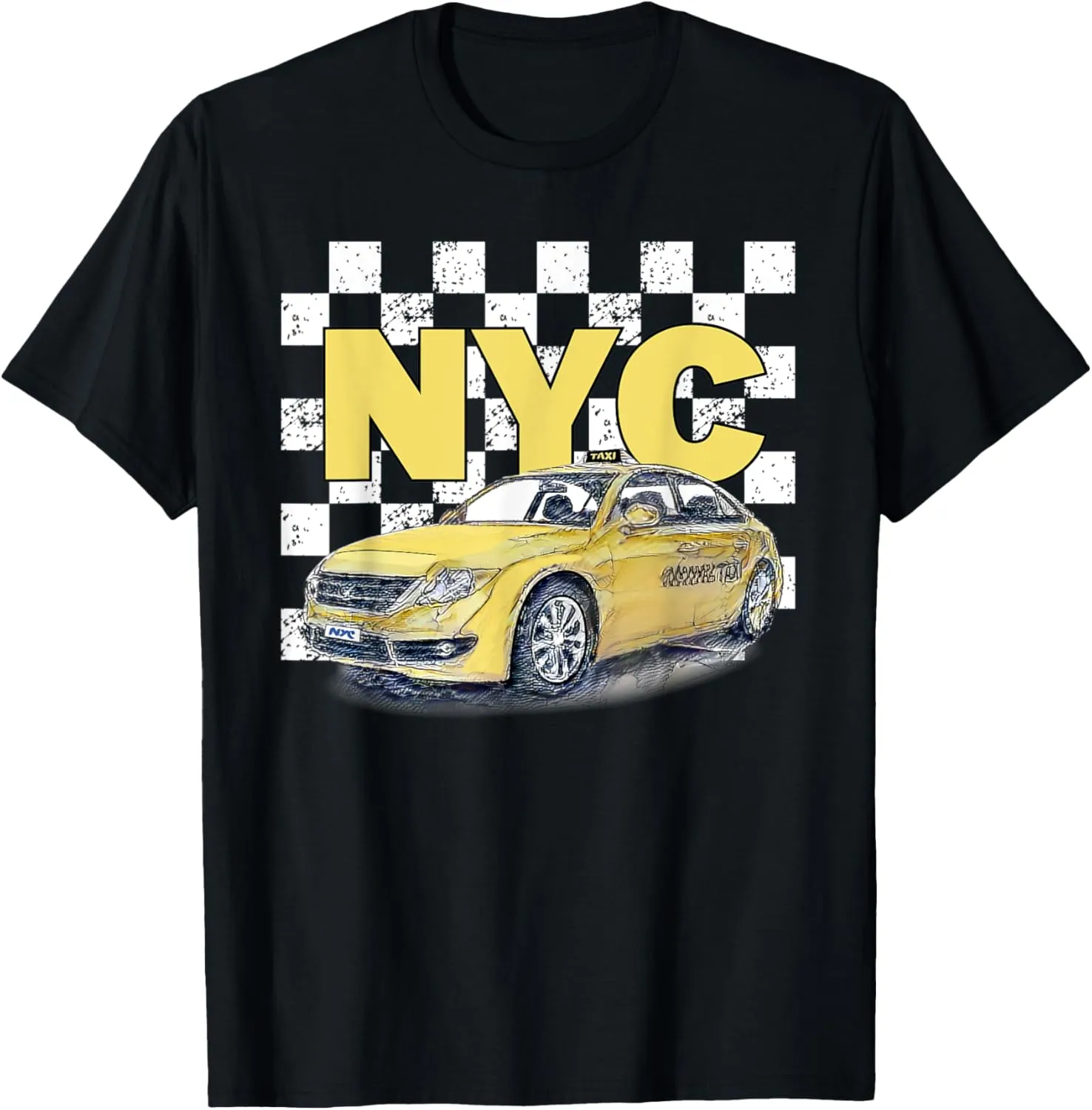 NYC Checkerboard Taxi Yellow Cab Hand Painted Artwork T-Shirt