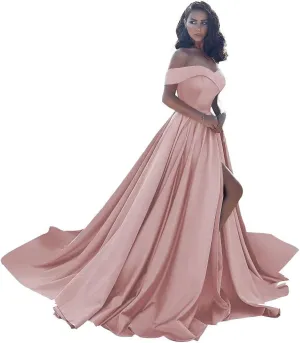 Off Shoulder Satin Prom Dresses Ball Gown Plus Size Formal Dresses for Women Wedding Dress with Slit