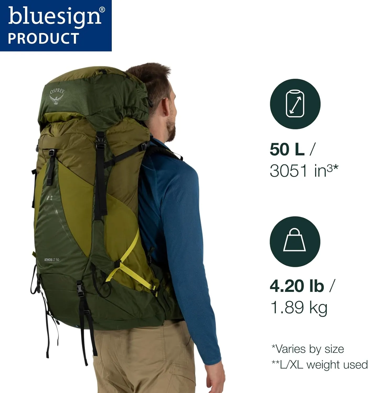 Osprey Atmos AG LT 50L Men's Backpacking Backpack, Night Shift/Scoria Blue, L/XL