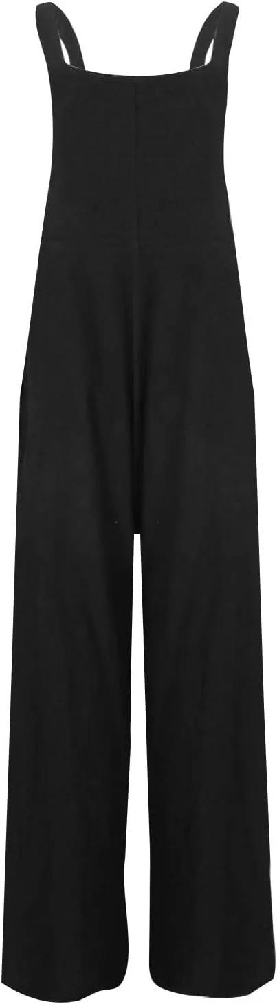 Overalls for Women Casual Sleeveless Linen Jumpsuits Straps Bib Overall Baggy Pleated Summer Rompers with Pockets