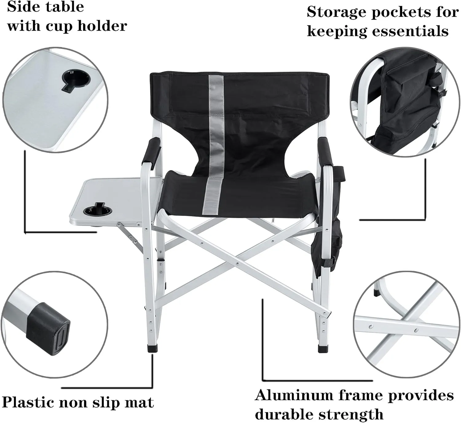 Oversized Camping Directors Chair, Portable Aluminum Camping Chairs, Padded Folding Directors Chair with Side Table Storage Pockets, Outdoor Camping, Picnics and Fishing (1, Black)