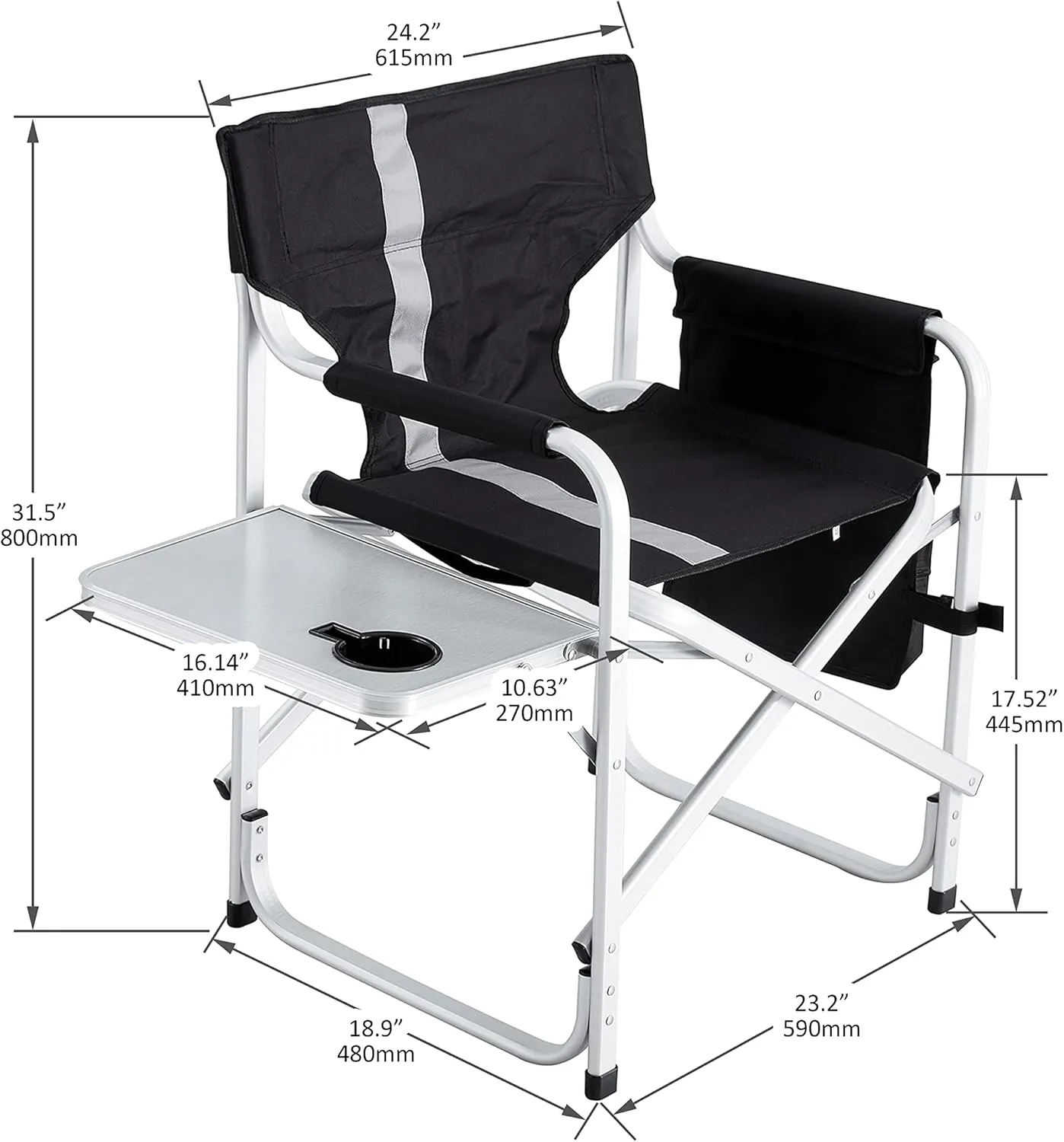 Oversized Camping Directors Chair, Portable Aluminum Camping Chairs, Padded Folding Directors Chair with Side Table Storage Pockets, Outdoor Camping, Picnics and Fishing (1, Black)
