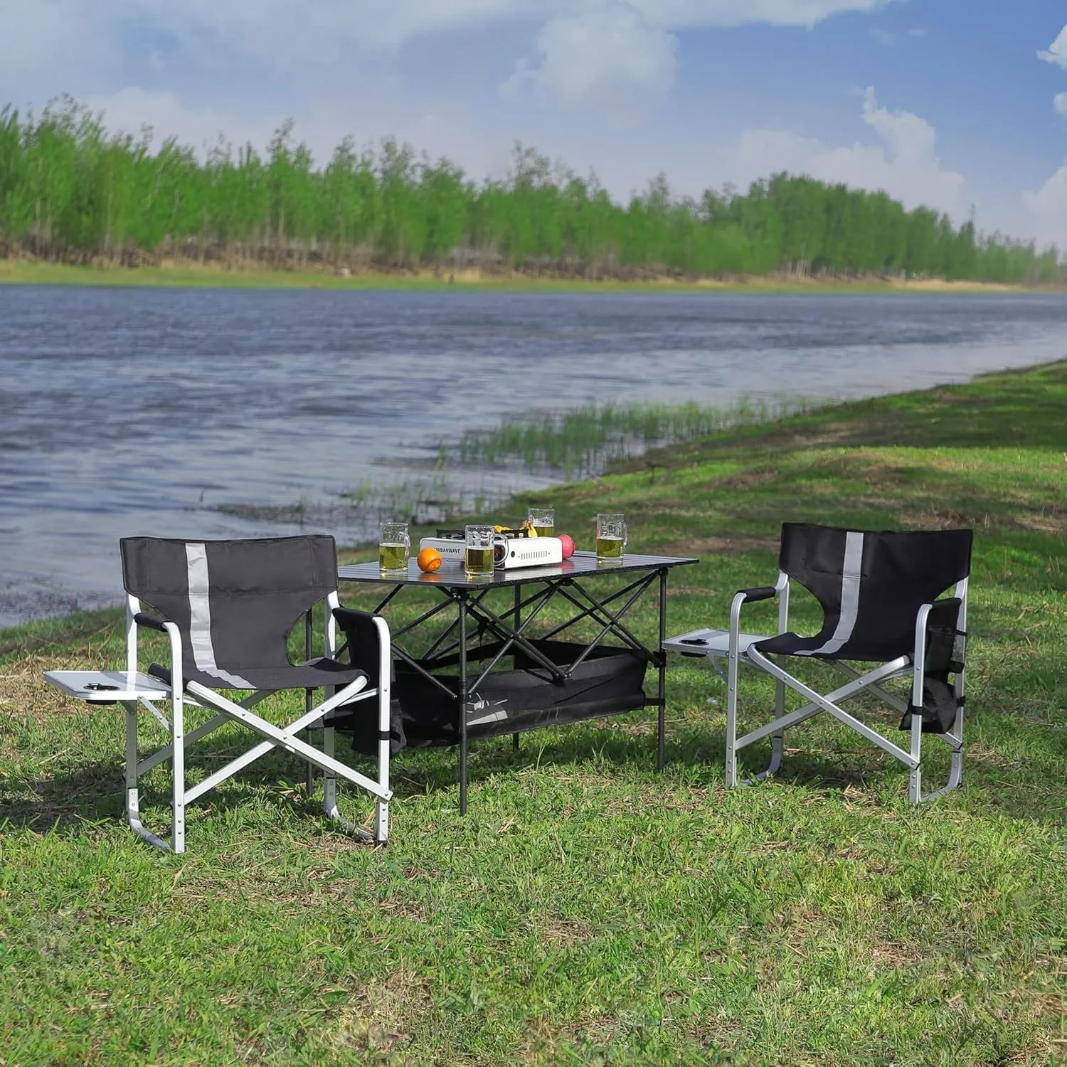 Oversized Camping Directors Chair, Portable Aluminum Camping Chairs, Padded Folding Directors Chair with Side Table Storage Pockets, Outdoor Camping, Picnics and Fishing (1, Black)