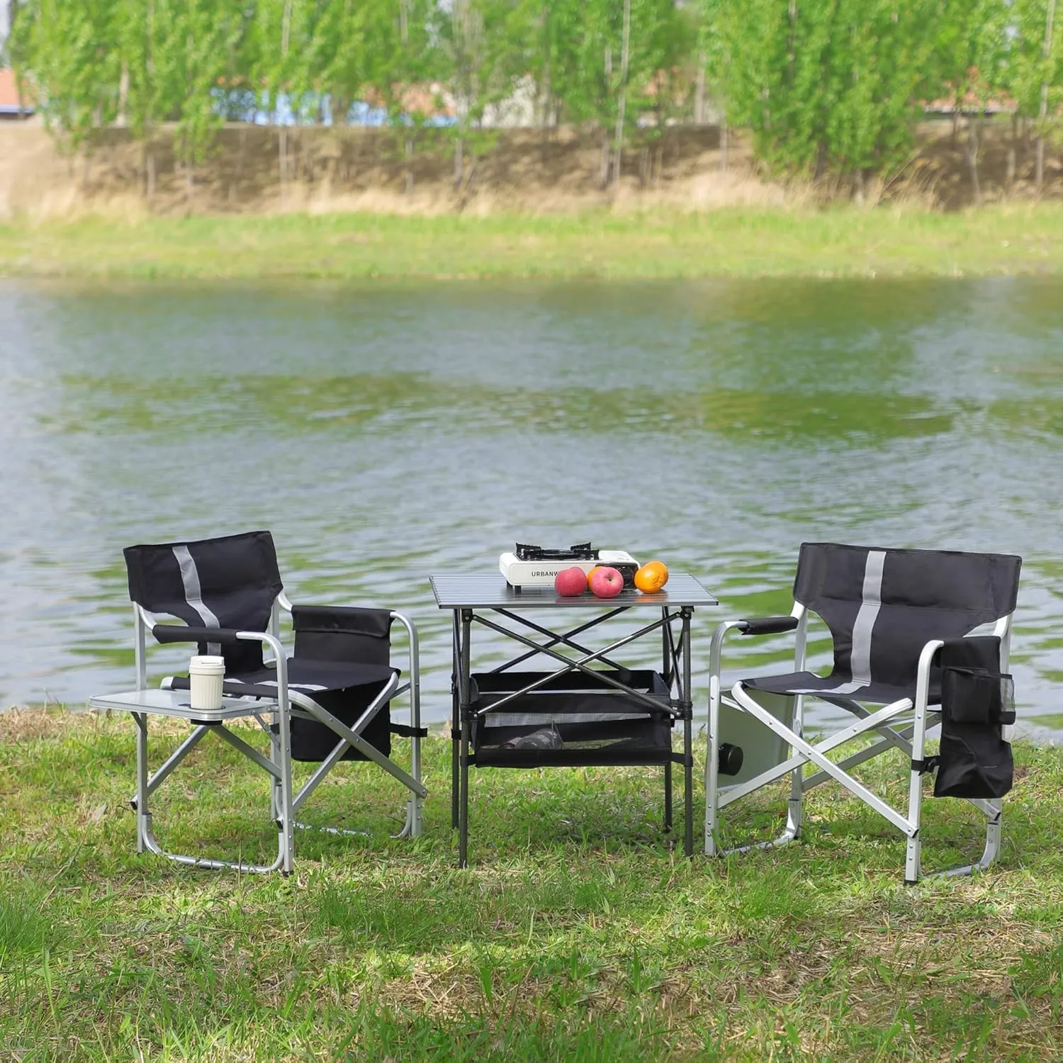 Oversized Camping Directors Chair, Portable Aluminum Camping Chairs, Padded Folding Directors Chair with Side Table Storage Pockets, Outdoor Camping, Picnics and Fishing (1, Black)