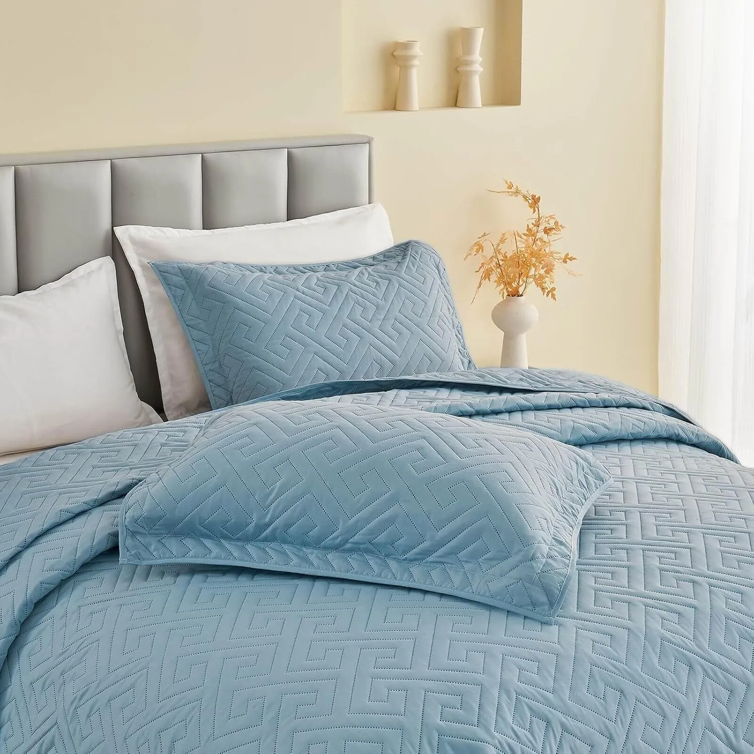 Oversized King Bedspreads 128x120 for Extra Tall/Large King or Cal King Bed Quilted Reversible Lightweight Coverlet Set 1 Quilt 2 Pillow Shams Blue