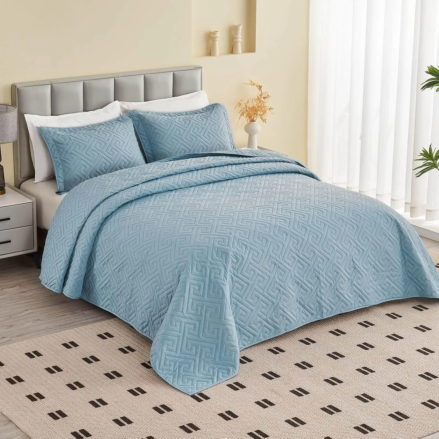 Oversized King Bedspreads 128x120 for Extra Tall/Large King or Cal King Bed Quilted Reversible Lightweight Coverlet Set 1 Quilt 2 Pillow Shams Blue