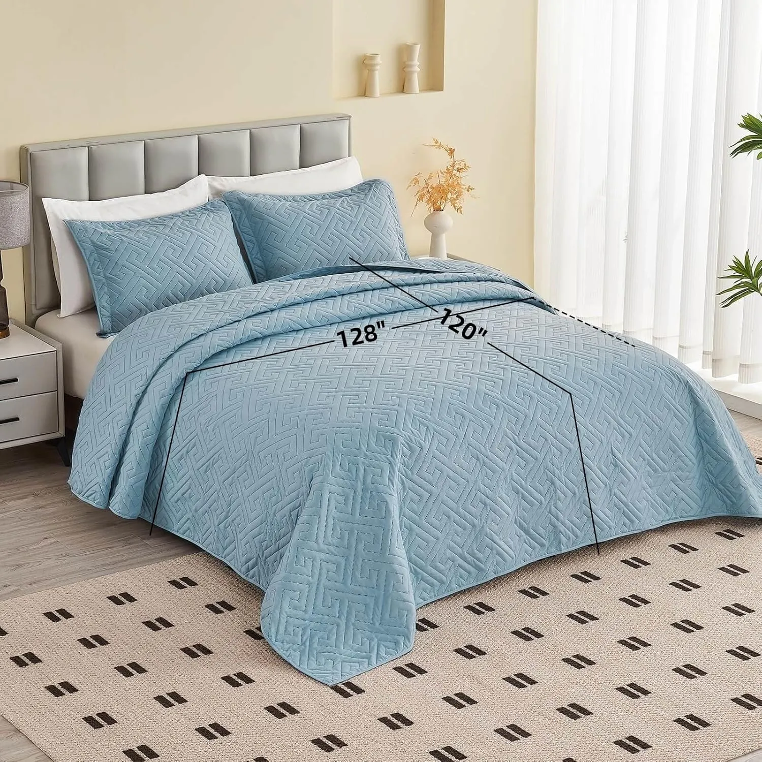 Oversized King Bedspreads 128x120 for Extra Tall/Large King or Cal King Bed Quilted Reversible Lightweight Coverlet Set 1 Quilt 2 Pillow Shams Blue