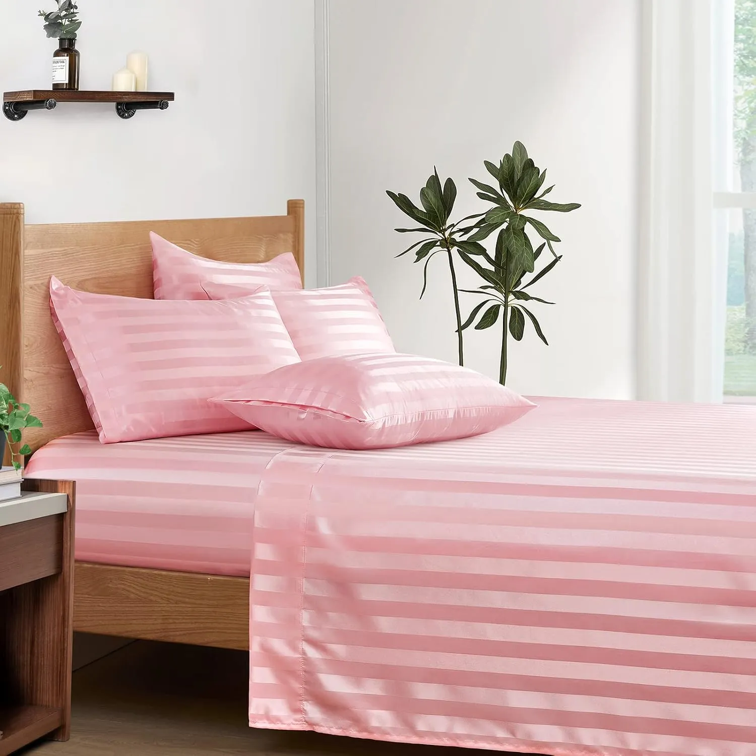 P Pothuiny Queen Satin Bed Linen Set, 6 Pieces Blush Pink Striped, Luxury Bedding with 1 Fitted Sheet, 1 Flat Sheet, 4 Pillowcases