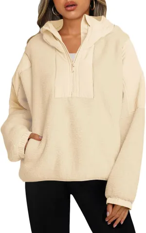 Panadila Womens Half Zip Pullover with Pockets Sherpa Hoodie Oversized Hooded Sweatshirt Warm Fleece Jackets