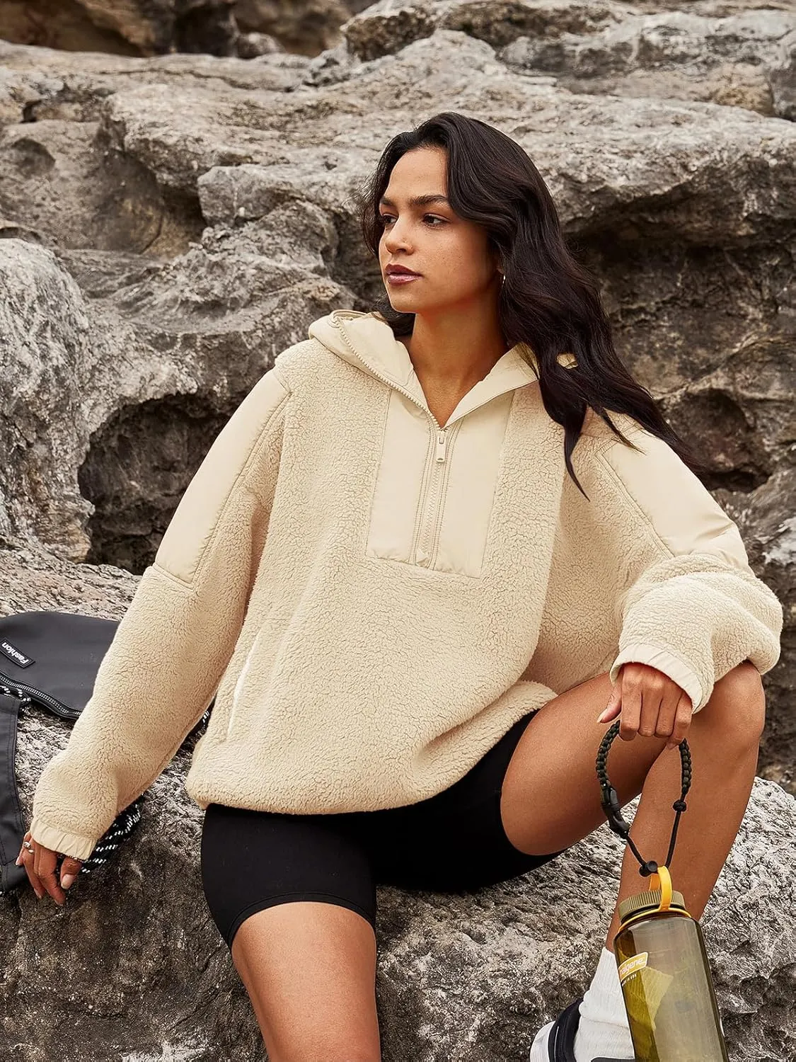 Panadila Womens Half Zip Pullover with Pockets Sherpa Hoodie Oversized Hooded Sweatshirt Warm Fleece Jackets