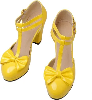 Parisuit Womens Mary Jane Chunky Platform Rockabilly Pumps T Strap High Heel Patent Leather Bowtie Dress Shoes