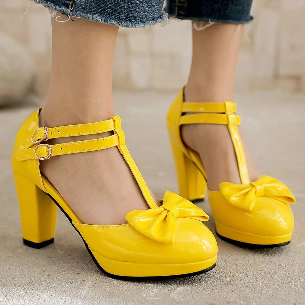 Parisuit Womens Mary Jane Chunky Platform Rockabilly Pumps T Strap High Heel Patent Leather Bowtie Dress Shoes