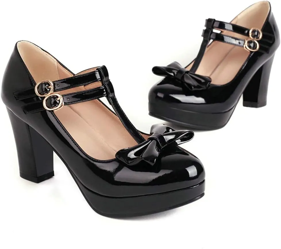 Parisuit Womens T Strap Platform Mary Jane Shoes Chunky High Heels Patent Leather Pumps with Bow