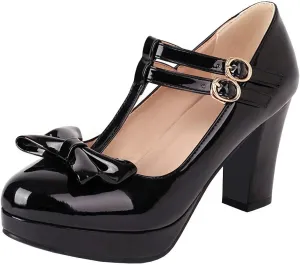 Parisuit Womens T Strap Platform Mary Jane Shoes Chunky High Heels Patent Leather Pumps with Bow