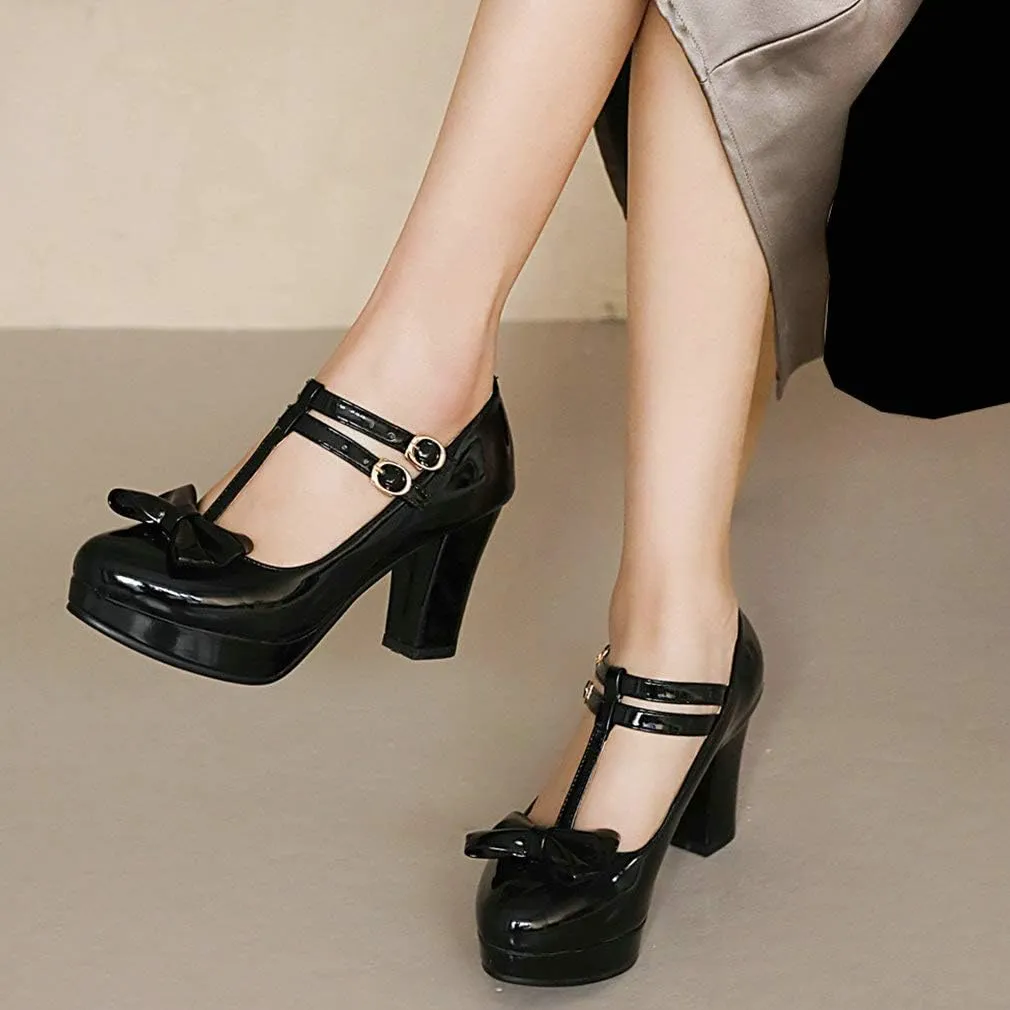 Parisuit Womens T Strap Platform Mary Jane Shoes Chunky High Heels Patent Leather Pumps with Bow