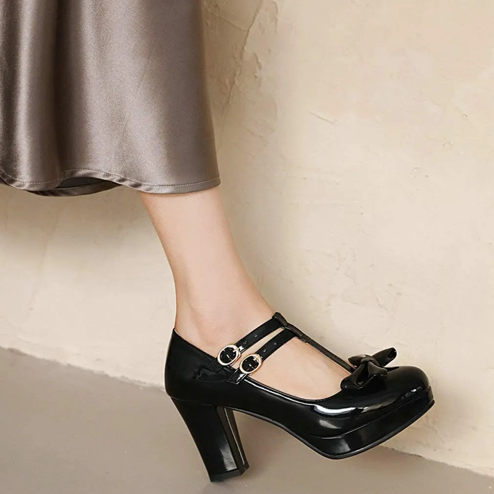 Parisuit Womens T Strap Platform Mary Jane Shoes Chunky High Heels Patent Leather Pumps with Bow