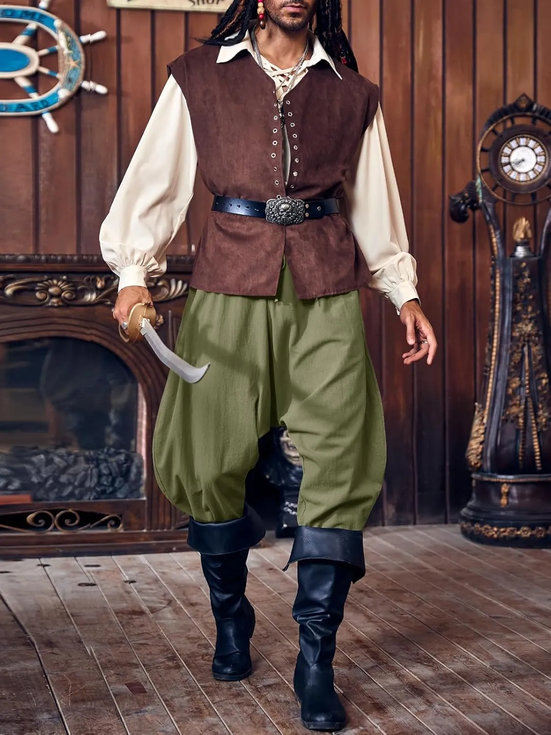 PASLTER Mens Pirate Pants Medieval Viking Costume Trousers Renaissance Halloween Baggy Harem Linen Pants