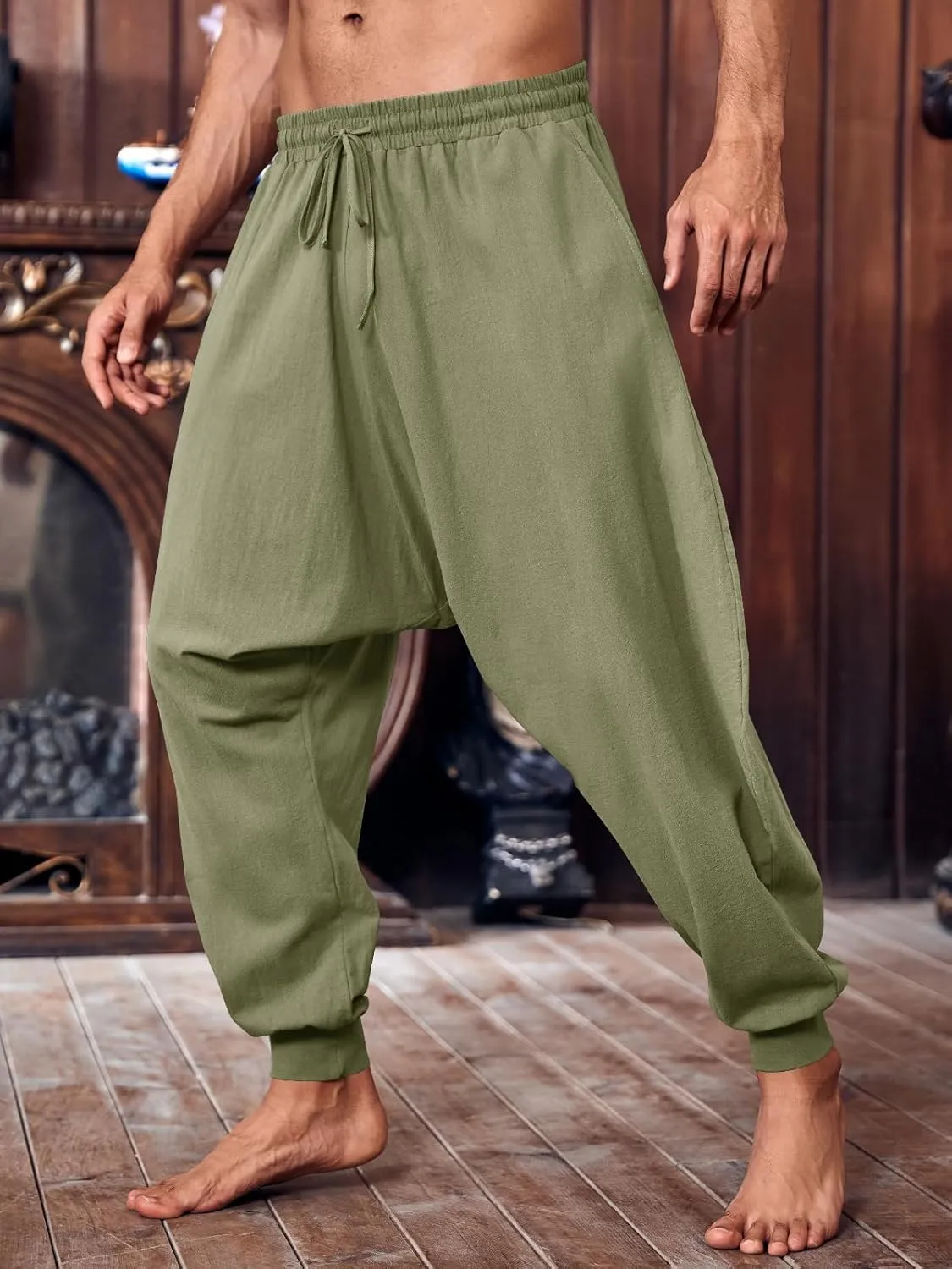 PASLTER Mens Pirate Pants Medieval Viking Costume Trousers Renaissance Halloween Baggy Harem Linen Pants