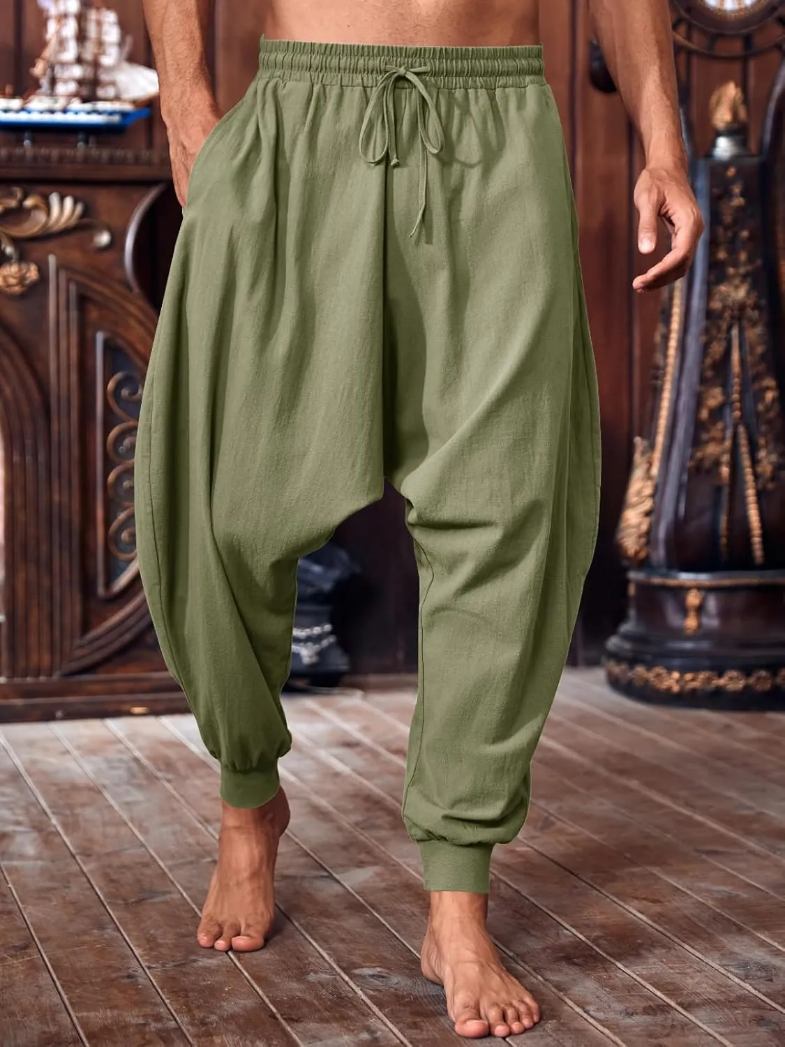 PASLTER Mens Pirate Pants Medieval Viking Costume Trousers Renaissance Halloween Baggy Harem Linen Pants