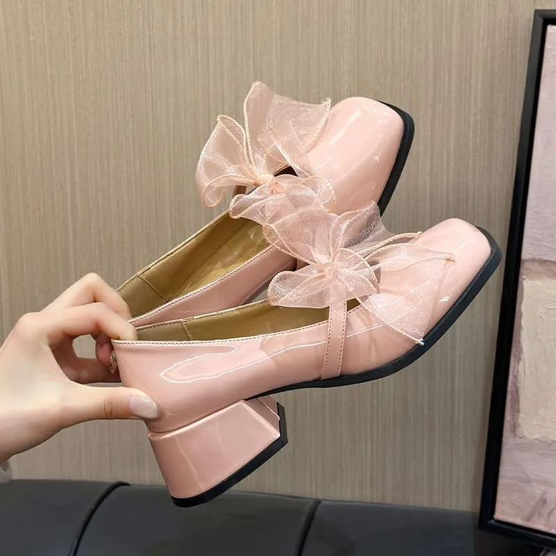 Patent Leather Mary Jane Shoes with Organza Bow, Square Toe Block Heel