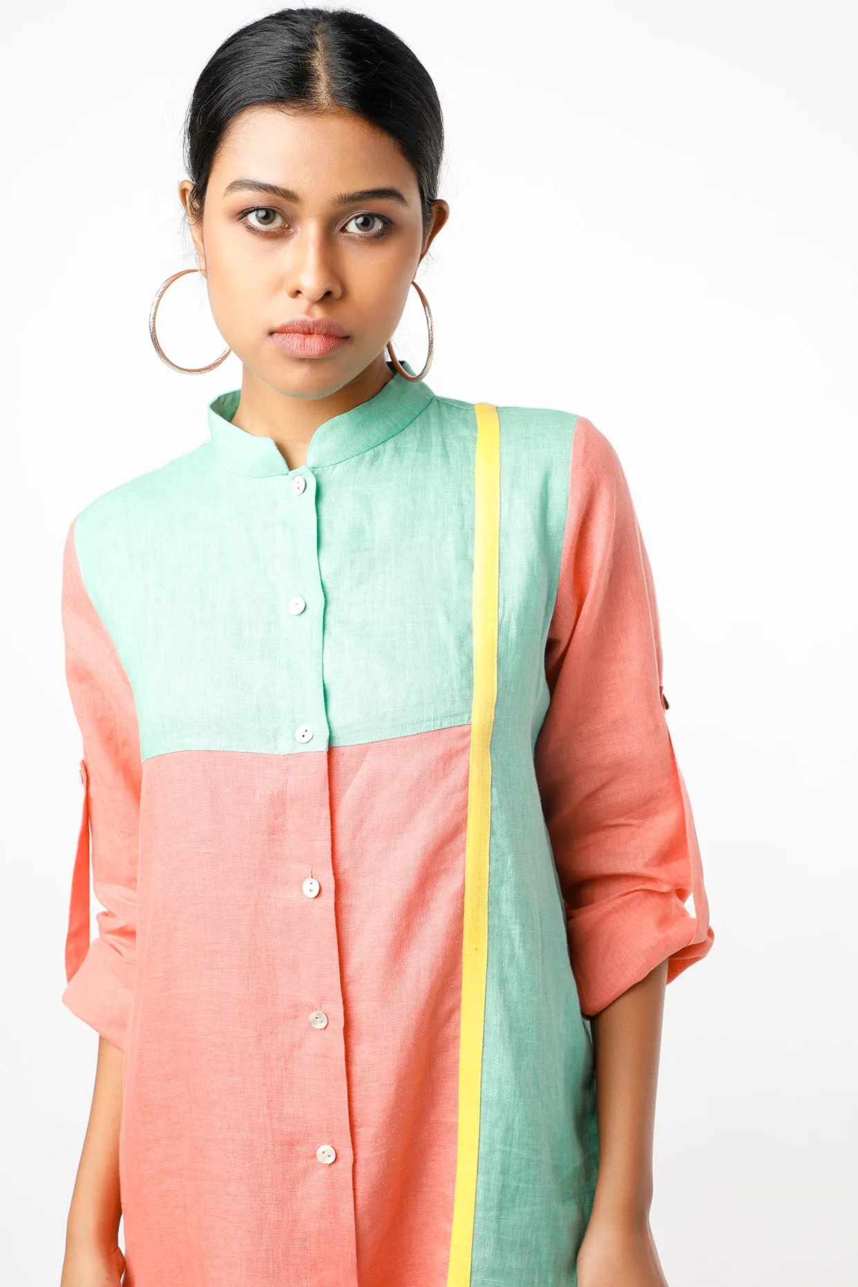 Peach Color Blocked Shirt Dress