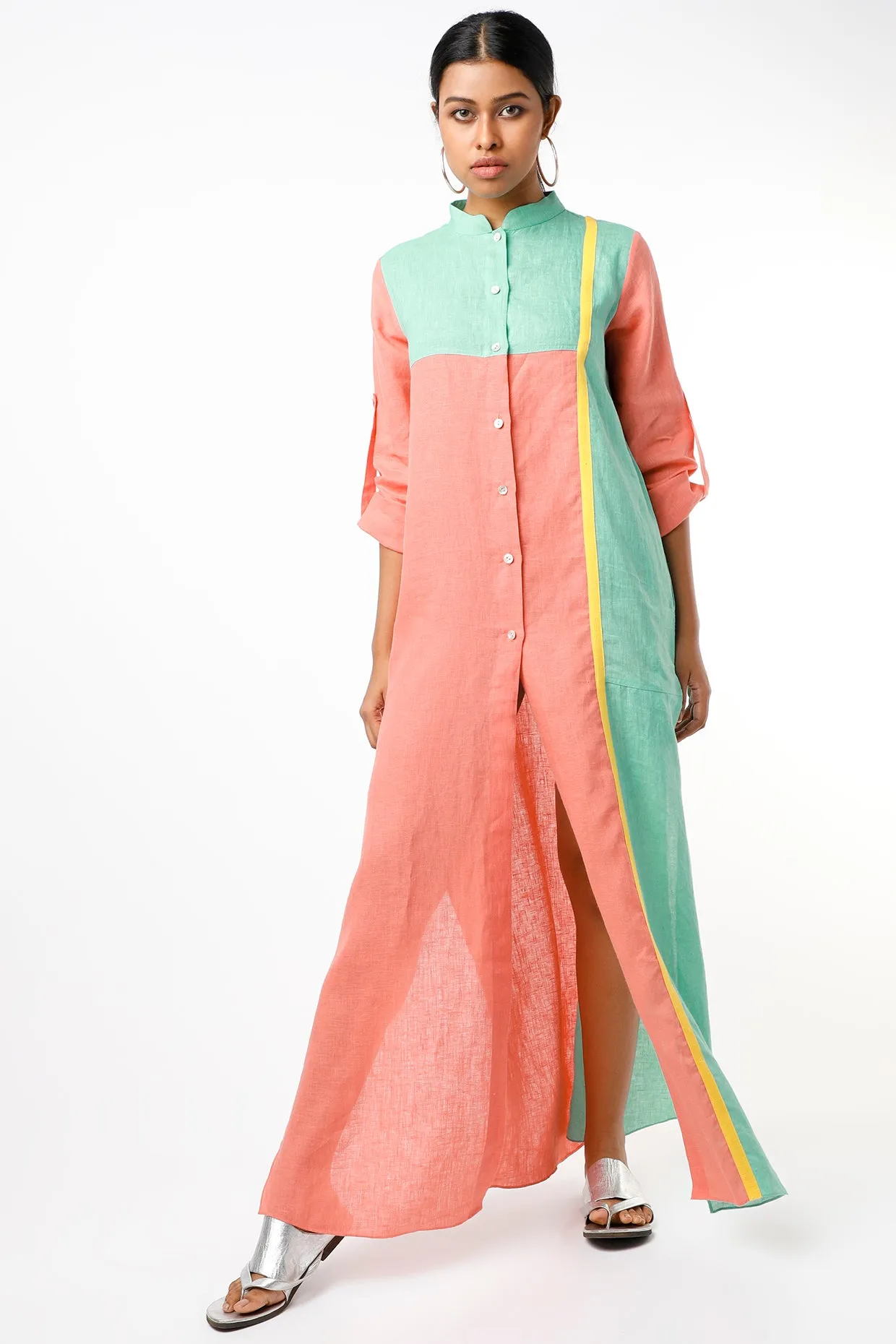 Peach Color Blocked Shirt Dress