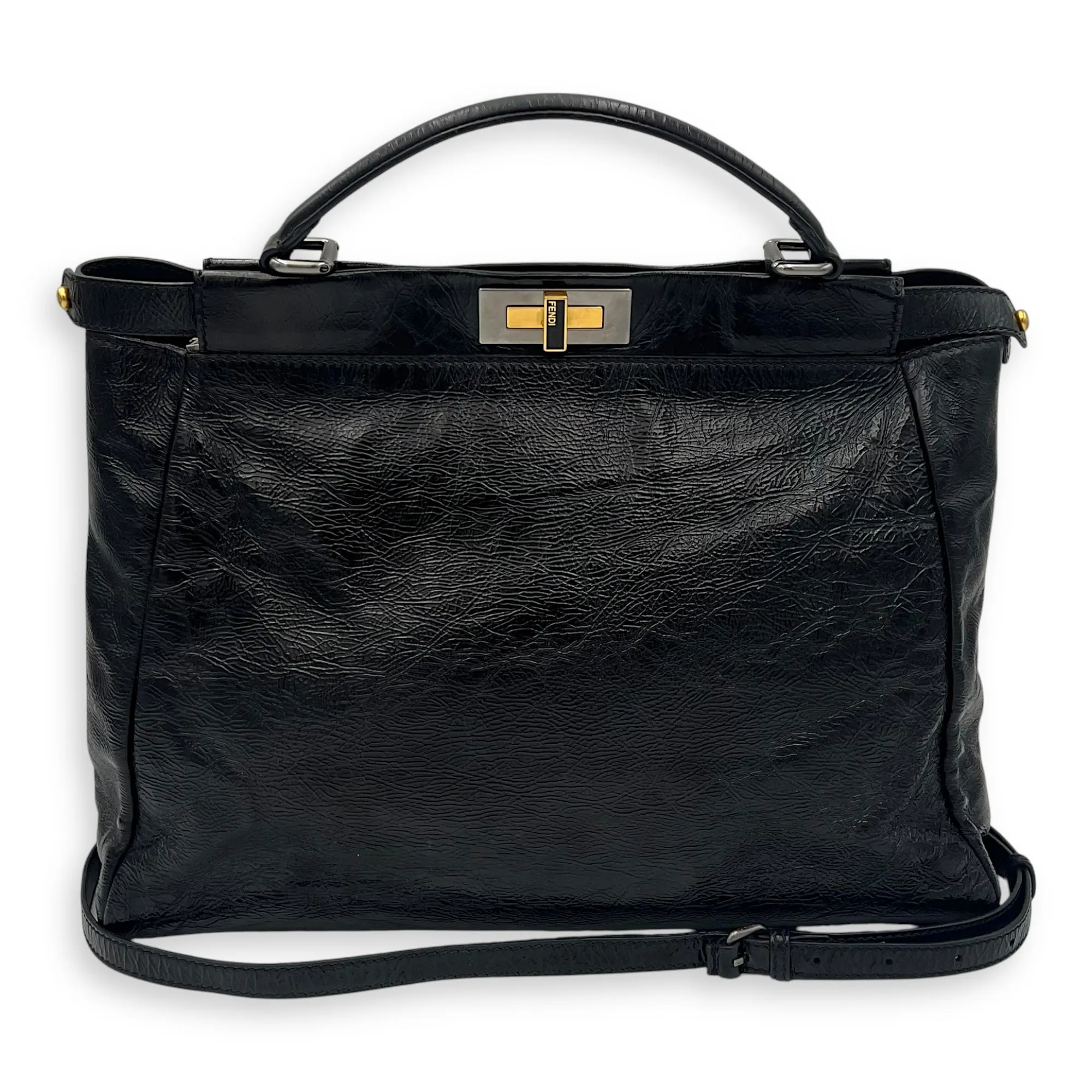Peekaboo Top Handle Bag Large Black in Patent Leather, Gold hardware