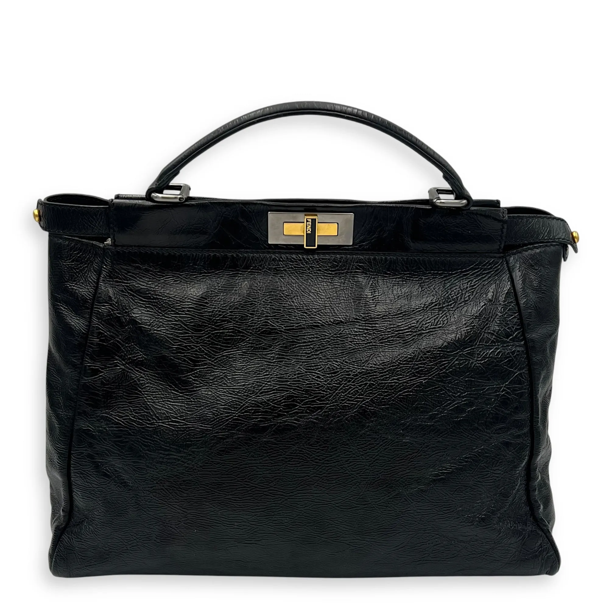 Peekaboo Top Handle Bag Large Black in Patent Leather, Gold hardware